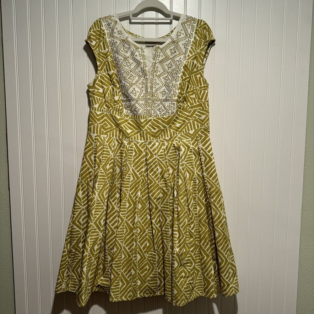 eShakti Chartreuse Cotton Embroidered Dress Cap Sleeves Boho Size 18